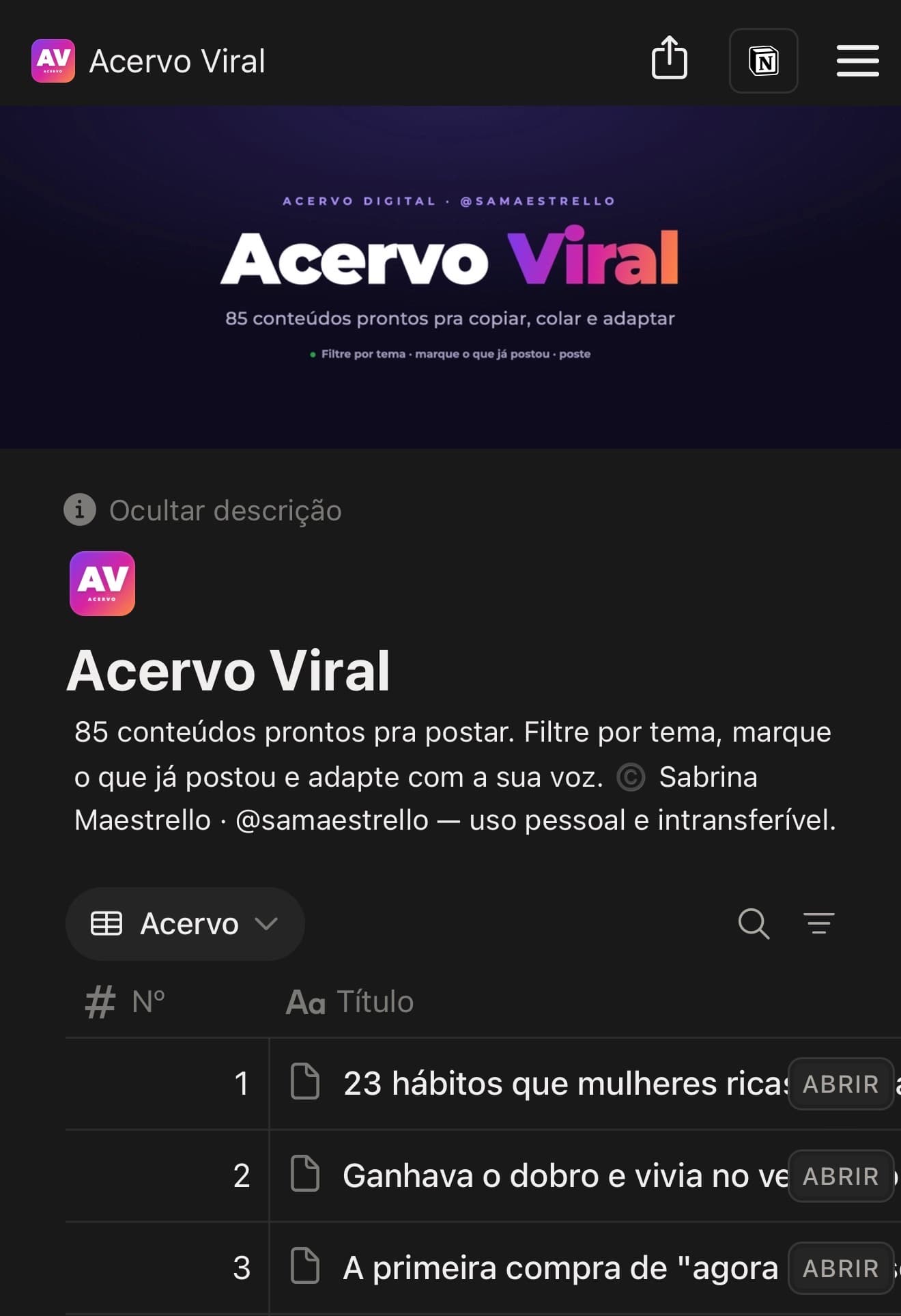 O Acervo Viral aberto no Notion: os 85 conteúdos numerados numa tabela
