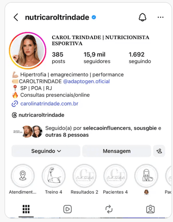 Perfil de Caroline Trindade no Instagram: De 4.913 pra 15.900 seguidores